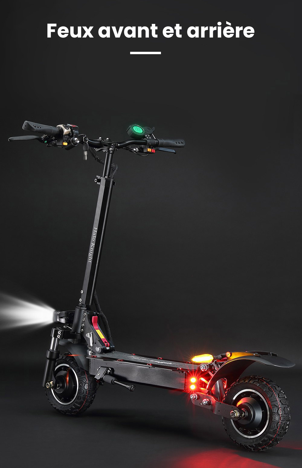 Halo Knight T104 Trottinette électrique, Pneus tout-terrain 10 pouces, Moteur 1000W*2, Vitesse maximale 65km/h, Télécommande, Batterie 52V 21Ah, Autonomie 45km - Noir