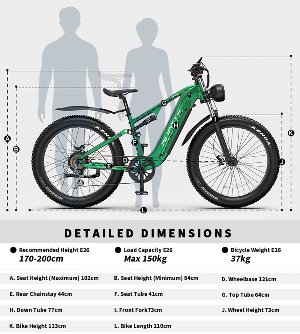 DUOTTS E26 Elektrofahrrad, 750 W Motor, 48 V 20 Ah Akku, 26 x 4,0 Zoll Reifen, 55 km/h Höchstgeschwindigkeit, 120 km Maximale Reichweite, Hydraulische Scheibenbremsen, Vorder- und Hinterradfederung, Shimano 8-Gang - Grün Lila