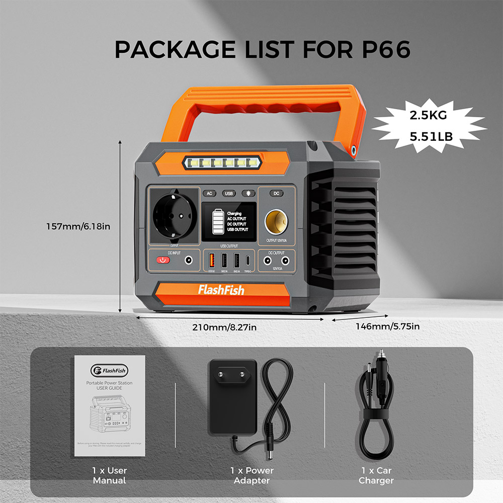 Tragbares Kraftwerk Flashfish P66, 300 W, 230,88 Wh, Outdoor-Generator, 8 Steckdosen, USB-C QC3.0, reine Sinuswelle, Solarladung, Notfall-Taschenlampe, für Zuhause, Camping, Reisen