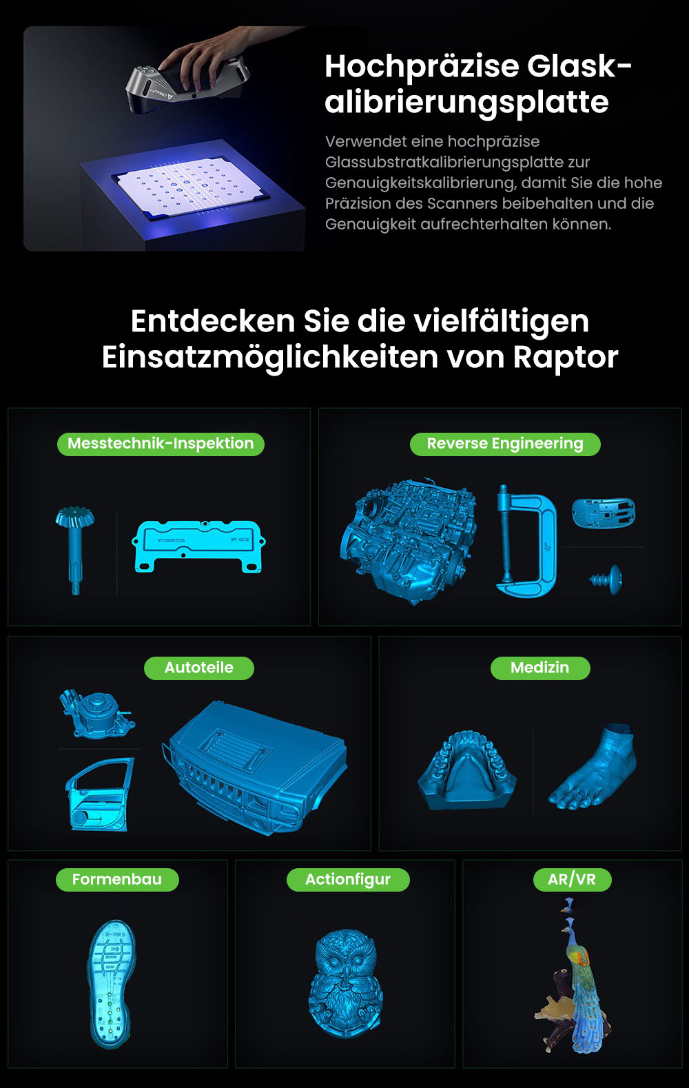 Creality Raptor 3D-Scanner, Hybrid Blue Laser NIR, 60fps Scangeschwindigkeit, Objekte zwischen 5-2000mm, 24-Bit Vollfarbscan, 0,02mm Genauigkeit, Anti-Verwacklung
