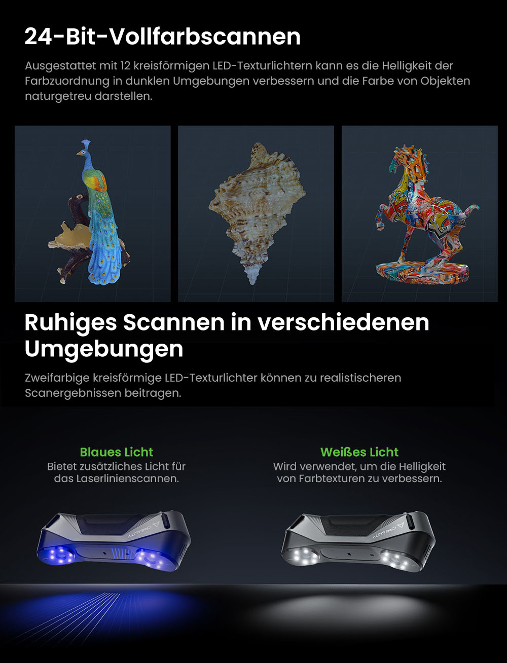 Creality Raptor 3D-Scanner, Hybrid Blue Laser NIR, 60fps Scangeschwindigkeit, Objekte zwischen 5-2000mm, 24-Bit Vollfarbscan, 0,02mm Genauigkeit, Anti-Verwacklung