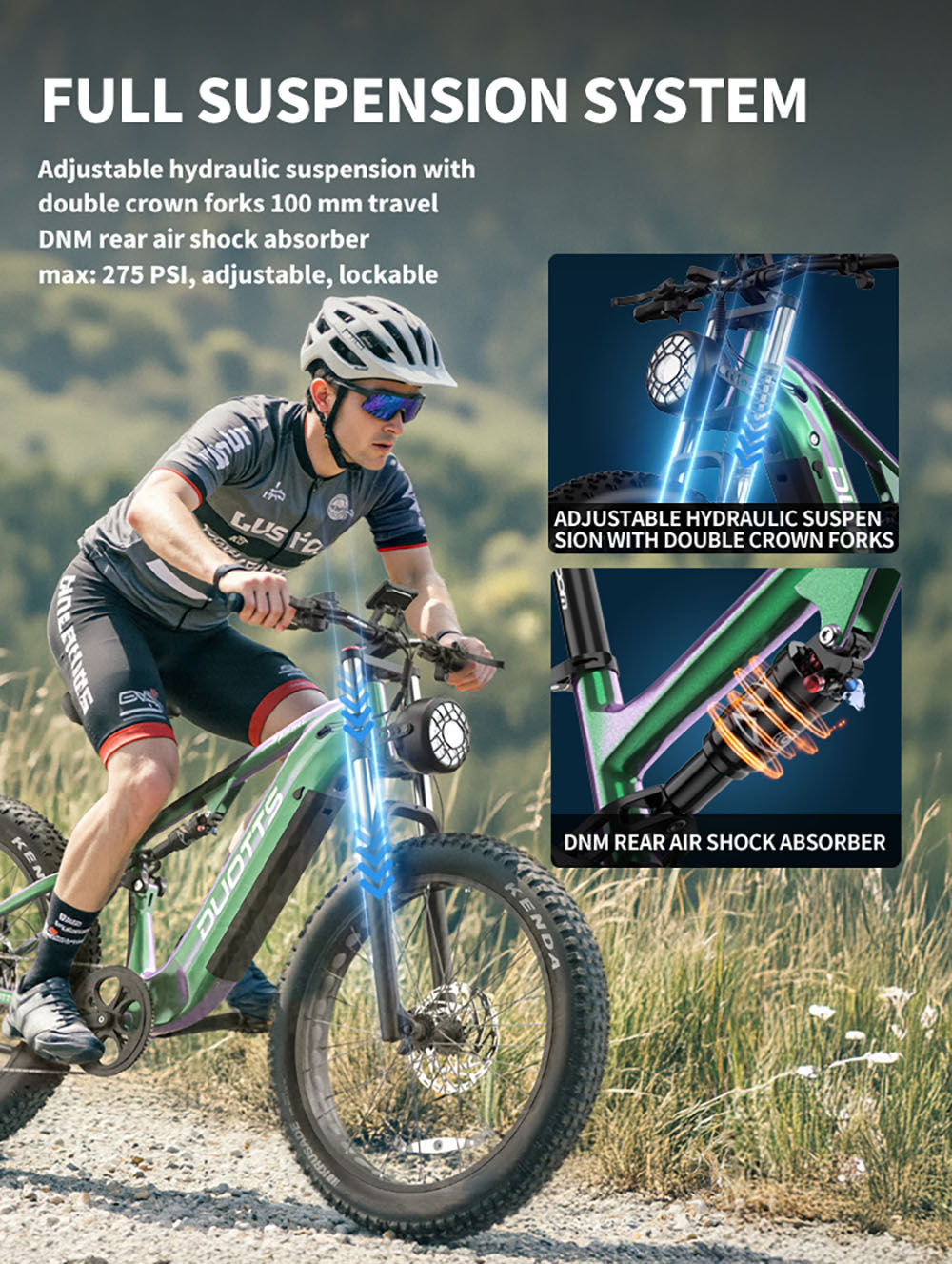 DUOTTS E26 Elektrofahrrad, 750 W Motor, 48 V 20 Ah Akku, 26 x 4,0 Zoll Reifen, 55 km/h Höchstgeschwindigkeit, 120 km Maximale Reichweite, Hydraulische Scheibenbremsen, Vorder- und Hinterradfederung, Shimano 8-Gang - Grün Lila