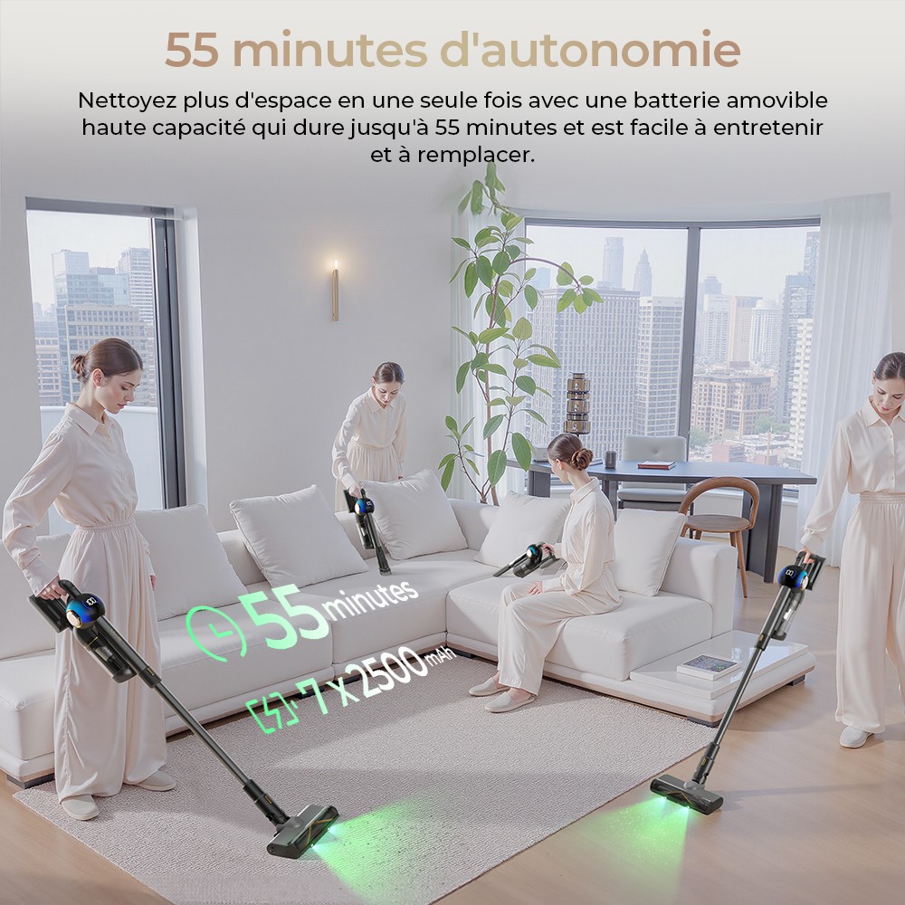 JIGOO V700 Aspirateur sans fil avec station d'aspiration de 2,5 L, vidage automatique de la poussière, puissance d'aspiration de 33 KPa, brosse anti-enchevêtrement, double éclairage LED, jusqu'à 55 minutes d'autonomie, idéal pour sols durs, tapis, an