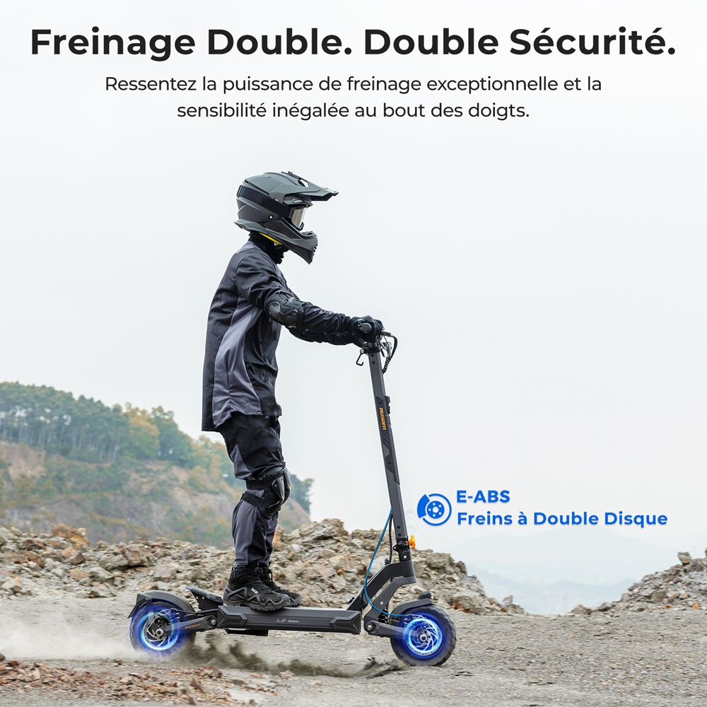 Ausom L2 Max Trottinette électrique, moteur 2 x 1 000 W, batterie 48 V 20,8 Ah, pneus 3 x 10 pouces, vitesse maximale 65 km/h, autonomie 90 km, freins à disque avant et arrière, suspension à bras oscillant, support AirTag dissimulé