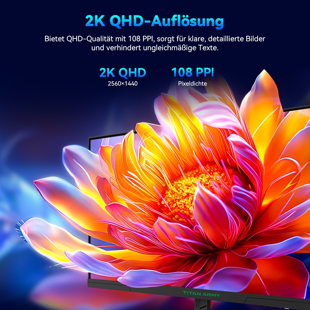 TITAN ARMY P27GR Gaming-Monitor, 27 Zoll 2560 x 1440 16:9 Fast IPS-Bildschirm, 180 Hz Bildwiederholrate, 1 ms GTG, 99 % sRGB, HDR10, Adaptive-Sync, Gaming-Modus, dynamische OD, PBP- und PIP-Anzeige, schwaches blaues Licht, einstellbare Neigung, VESA-Wandmontage