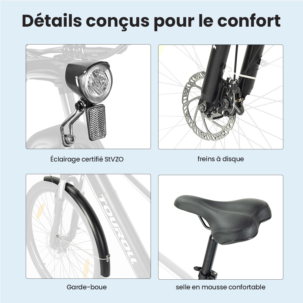 Touroll J1 ST Vélo de randonnée, 27,5 pouces, avec moteur 250 W, batterie 36 V 15,6 Ah, autonomie maximale de 100 km, écran LCD 1,8