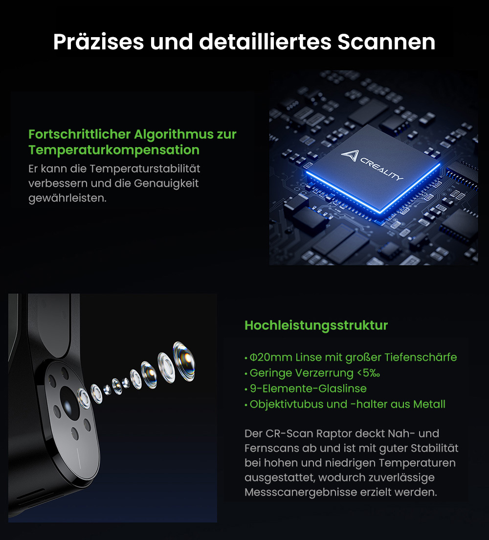 Creality Raptor 3D-Scanner, Hybrid Blue Laser NIR, 60fps Scangeschwindigkeit, Objekte zwischen 5-2000mm, 24-Bit Vollfarbscan, 0,02mm Genauigkeit, Anti-Verwacklung