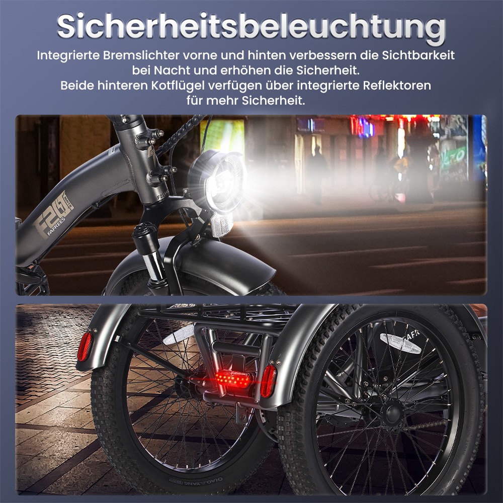 FAFREES F20 Mate Elektrisches Dreirad, bürstenloser 500-W-Motor, 48-V/18,2-Ah-Akku, 20 x 3,0 Zoll große dicke Reifen, Höchstgeschwindigkeit 25 km/h, maximale Reichweite 110 km, hydraulische Scheibenbremsen – Grau
