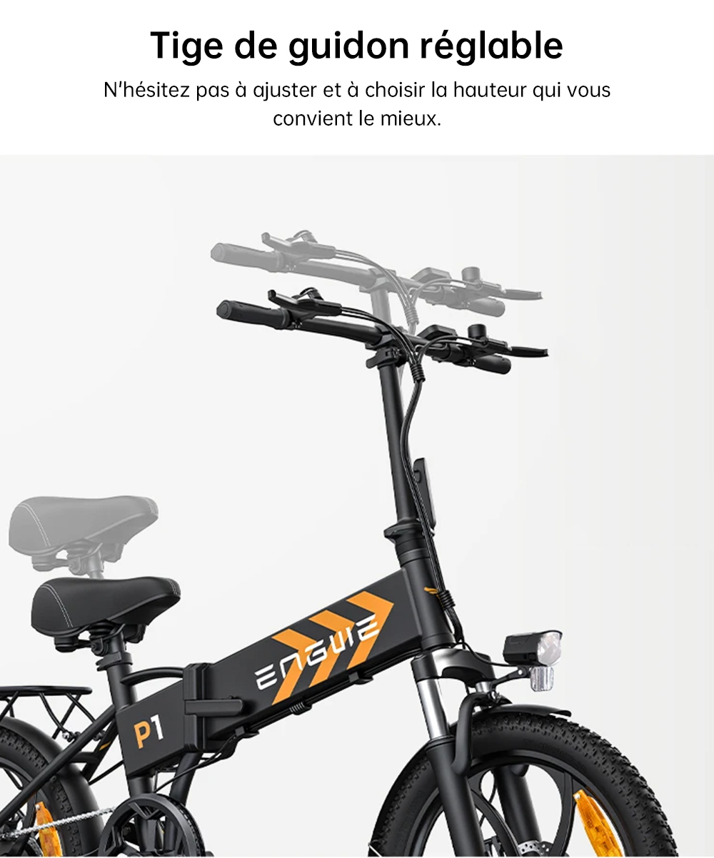 Vélo électrique pliable ENGWE P1, pneus larges de 20 x 2,3 pouces, moteur 250 W, batterie 36 V 13 Ah, 25 km/h, double frein à disque, corps en alliage d'aluminium, Shimano 7 vitesses, portée maximale de 100 km, IP54 étanche - Noir