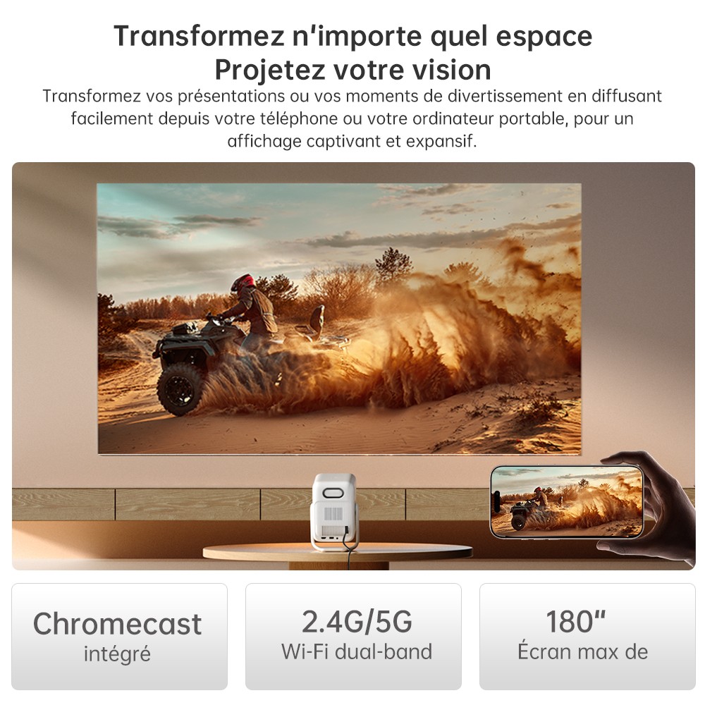 Projecteur Wanbo T2 Ultra, Android TV 11, 500 ANSI, 1080P natif, support rotatif à 120°, mise au point automatique et correction trapézoïdale, WiFi double bande, haut-parleur 2*5W
