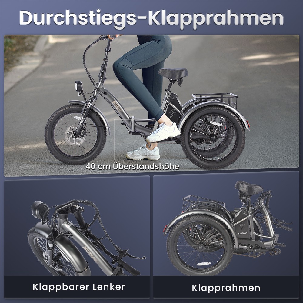 FAFREES F20 Mate Elektrisches Dreirad, bürstenloser 500-W-Motor, 48-V/18,2-Ah-Akku, 20 x 3,0 Zoll große dicke Reifen, Höchstgeschwindigkeit 25 km/h, maximale Reichweite 110 km, hydraulische Scheibenbremsen – Grau