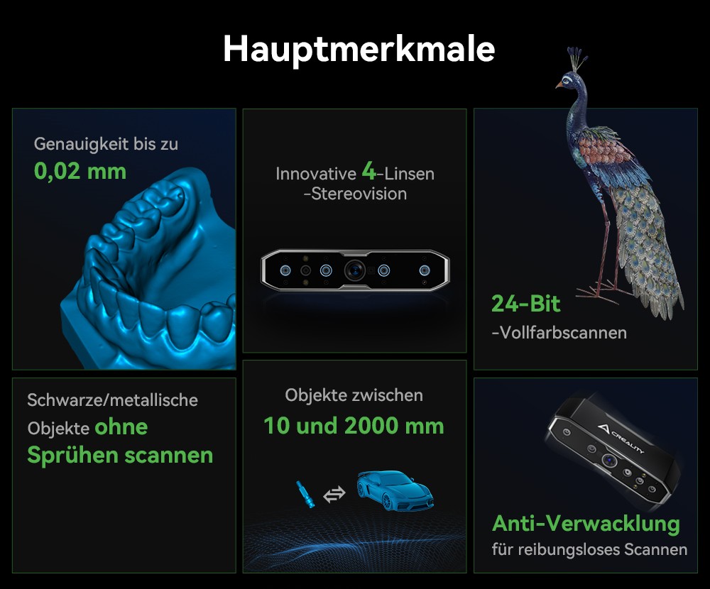 Creality CR Scan Otter 3D-Scanner, 20 fps Scan-Geschwindigkeit, 0,02 mm Genauigkeit, 4-Linsen-Stereovision, 24-Bit-Vollfarbscannen, 8 Infrarotlichter