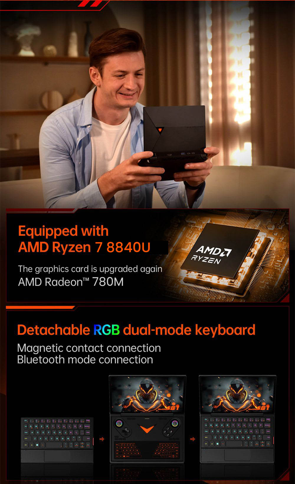 One Netbook OneXPlayer G1 Handheld Gaming PC, AMD Ryzen 7 8840U 8 Cores Max 5.1GHz, 8.8'' 2560*1600 144Hz Screen, 32GB LPDDR5X 7500MHz RAM 1TB SSD, WiFi 6E, 2*USB-C, 1*USB3.2, 1*TF Card, 1* Oculink, 1*3.5mm Audio, Fingerprint Unlock - EU Plug