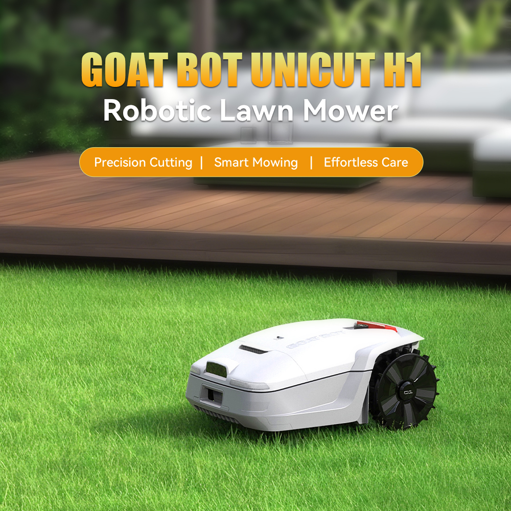 Goat Bot Unicut H1 Tondeuse à gazon robotisée sans fil jusqu'à 1 500 m² de grande surface, sans fil de délimitation, RTK+VSLAM pour une cartographie précise, évitement d'obstacles par IA, cartographie automatique par IA, contrôle par applicat - Jaune
