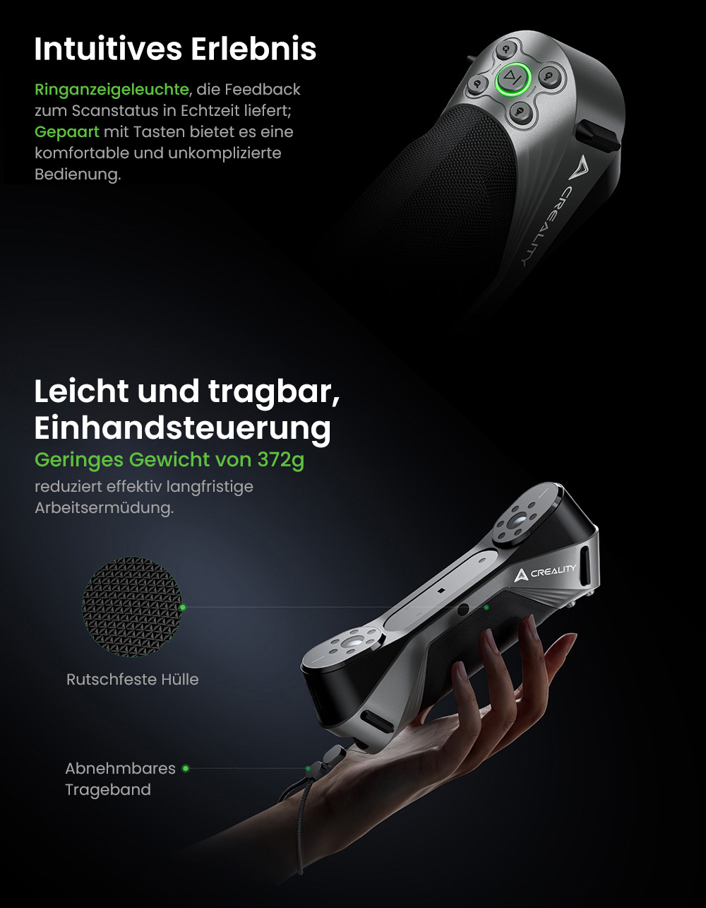 Creality Raptor 3D-Scanner, Hybrid Blue Laser NIR, 60fps Scangeschwindigkeit, Objekte zwischen 5-2000mm, 24-Bit Vollfarbscan, 0,02mm Genauigkeit, Anti-Verwacklung