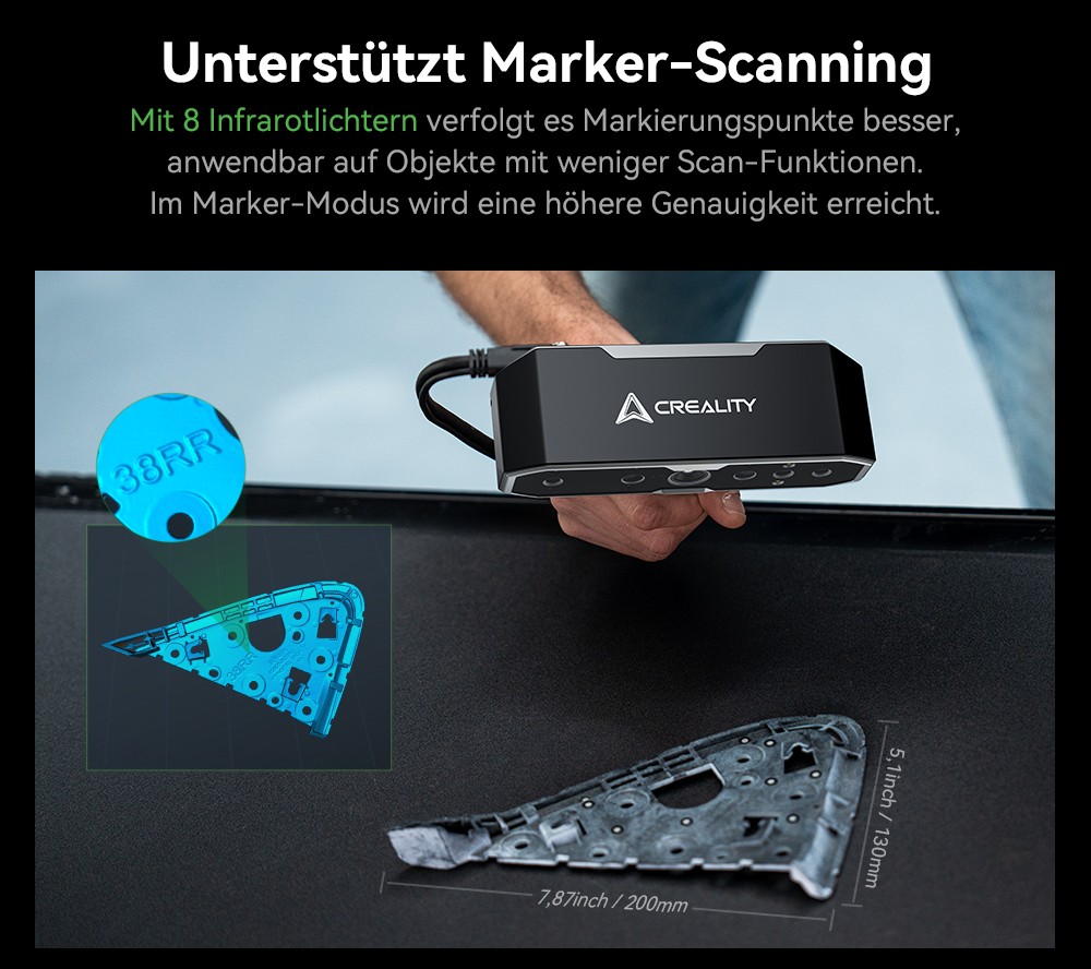 Creality CR Scan Otter 3D-Scanner, 20 fps Scan-Geschwindigkeit, 0,02 mm Genauigkeit, 4-Linsen-Stereovision, 24-Bit-Vollfarbscannen, 8 Infrarotlichter