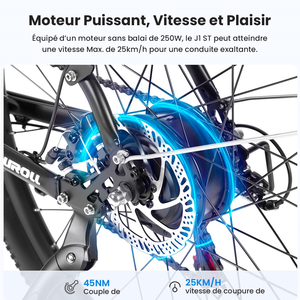 Touroll J1 ST Vélo de randonnée, 27,5 pouces, avec moteur 250 W, batterie 36 V 15,6 Ah, autonomie maximale de 100 km, écran LCD 1,8