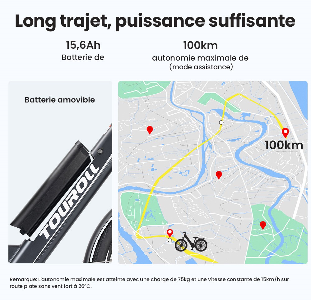 Touroll J1 ST Vélo de randonnée, 27,5 pouces, avec moteur 250 W, batterie 36 V 15,6 Ah, autonomie maximale de 100 km, écran LCD 1,8