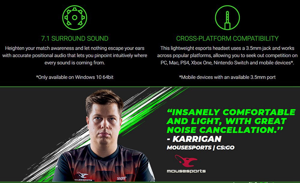 Razer BlackShark V2 X Gaming Headset, 7.1 Surround Sound, 50mm Drivers, Memory Foam Cushion, 3.5mm Audio Jack - Black