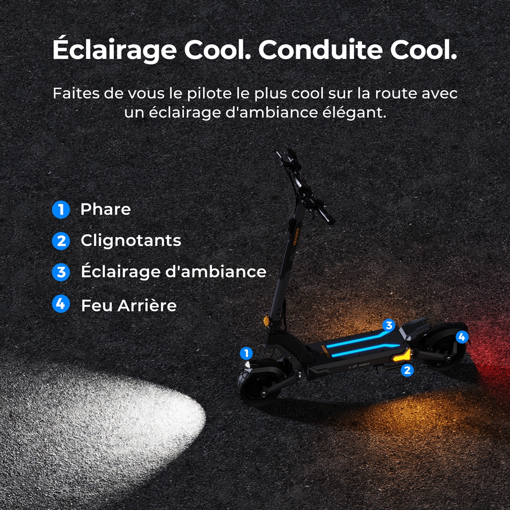 Ausom L2 Max Trottinette électrique, moteur 2 x 1 000 W, batterie 48 V 20,8 Ah, pneus 3 x 10 pouces, vitesse maximale 65 km/h, autonomie 90 km, freins à disque avant et arrière, suspension à bras oscillant, support AirTag dissimulé