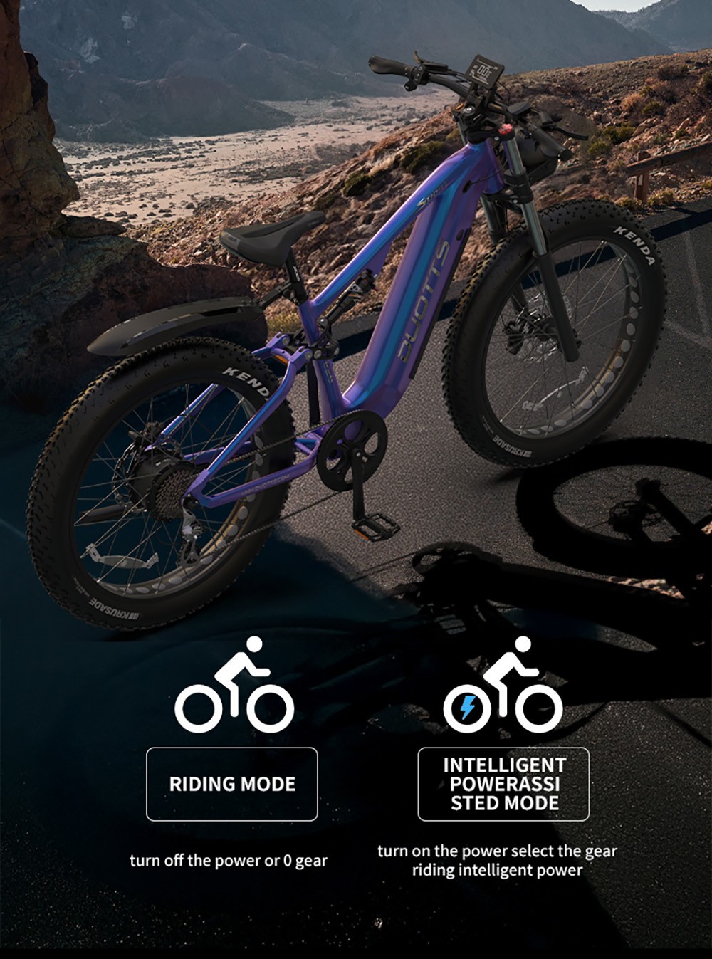 DUOTTS E26 Electric Bike, Bafang 750W Motor Torgue Sensor SAMSUNG 48V 20Ah Battery, 26*4.0 inch Tires, 55km/h Max Speed, 120km Max Range, TEKTRO Hydraulic Disc Brakes, Front and Rear Suspension, Shimano 8-speed - Blue Purple