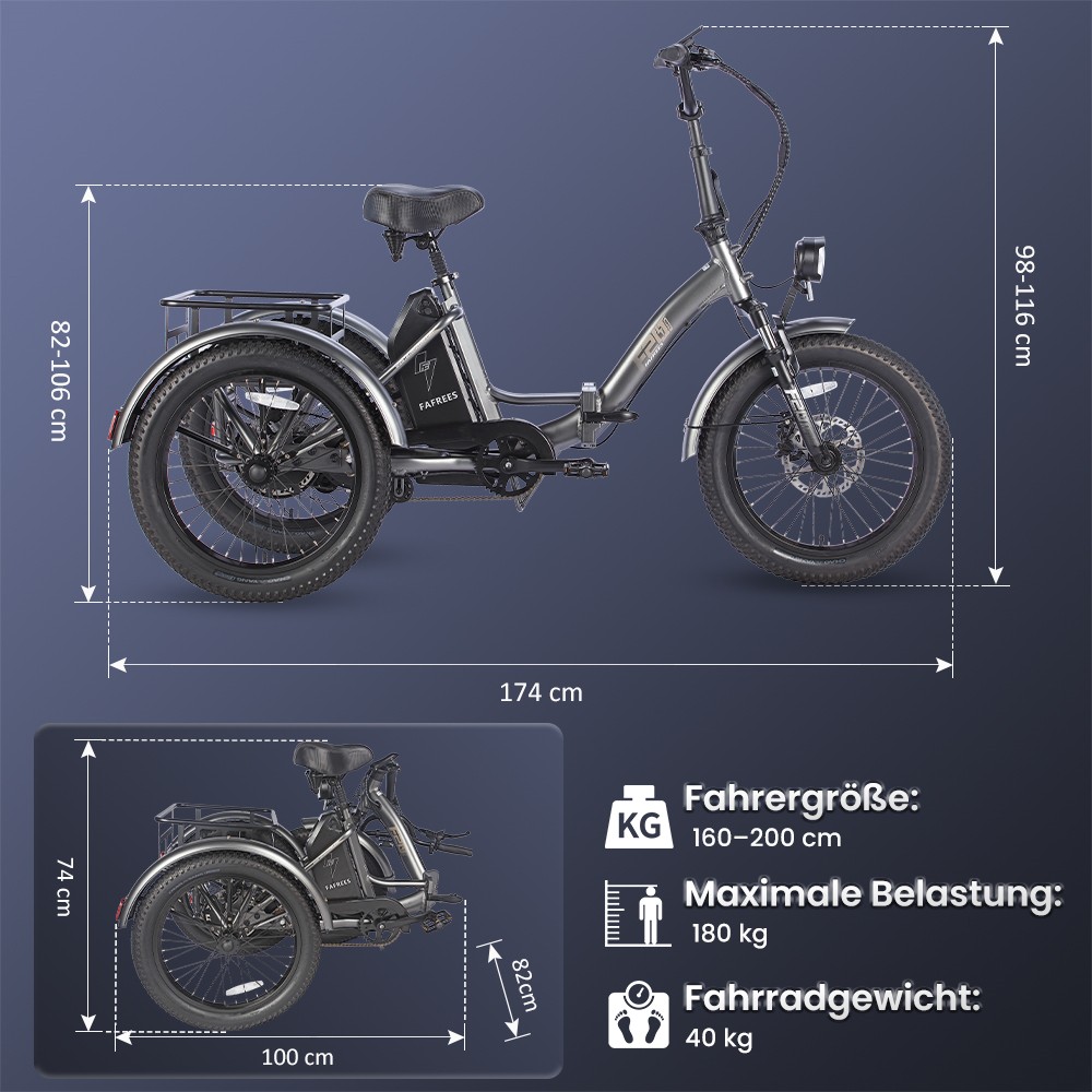 FAFREES F20 Mate Elektrisches Dreirad, bürstenloser 500-W-Motor, 48-V/18,2-Ah-Akku, 20 x 3,0 Zoll große dicke Reifen, Höchstgeschwindigkeit 25 km/h, maximale Reichweite 110 km, hydraulische Scheibenbremsen – Grau