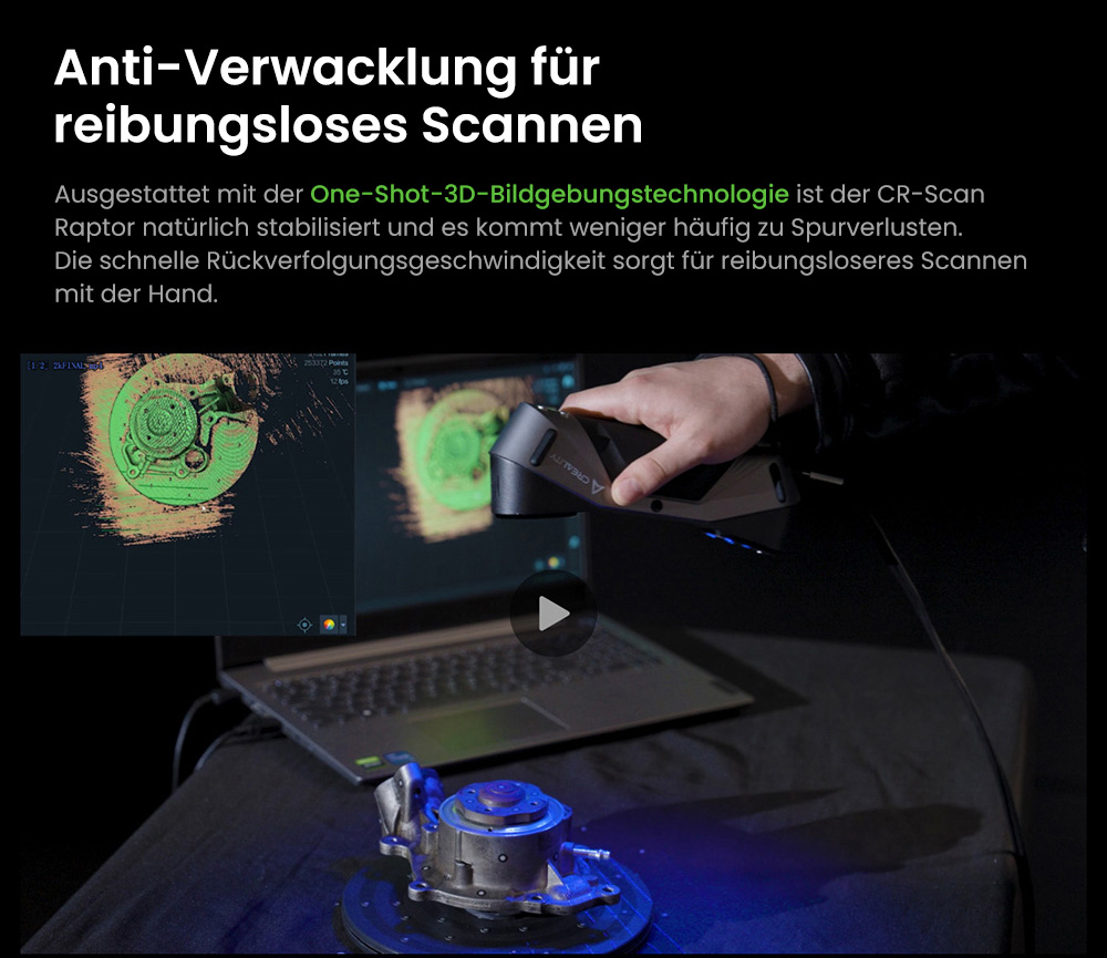 Creality Raptor 3D-Scanner, Hybrid Blue Laser NIR, 60fps Scangeschwindigkeit, Objekte zwischen 5-2000mm, 24-Bit Vollfarbscan, 0,02mm Genauigkeit, Anti-Verwacklung