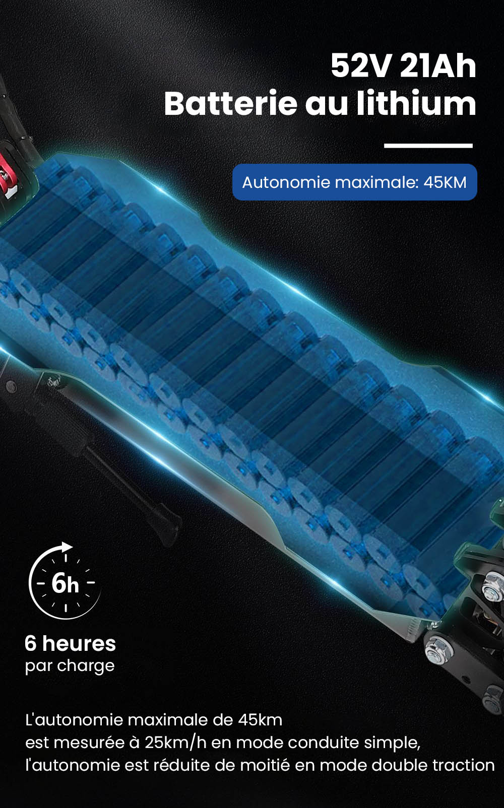 Halo Knight T104 Trottinette électrique, Pneus tout-terrain 10 pouces, Moteur 1000W*2, Vitesse maximale 65km/h, Télécommande, Batterie 52V 21Ah, Autonomie 45km - Noir