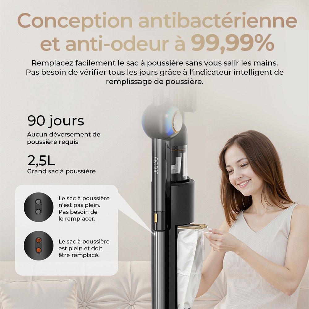 JIGOO V700 Aspirateur sans fil avec station d'aspiration de 2,5 L, vidage automatique de la poussière, puissance d'aspiration de 33 KPa, brosse anti-enchevêtrement, double éclairage LED, jusqu'à 55 minutes d'autonomie, idéal pour sols durs, tapis, an