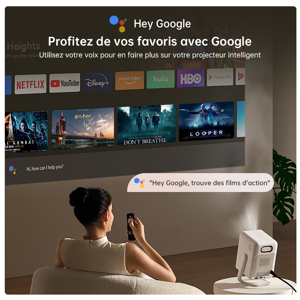 Projecteur Wanbo T2 Ultra, Android TV 11, 500 ANSI, 1080P natif, support rotatif à 120°, mise au point automatique et correction trapézoïdale, WiFi double bande, haut-parleur 2*5W