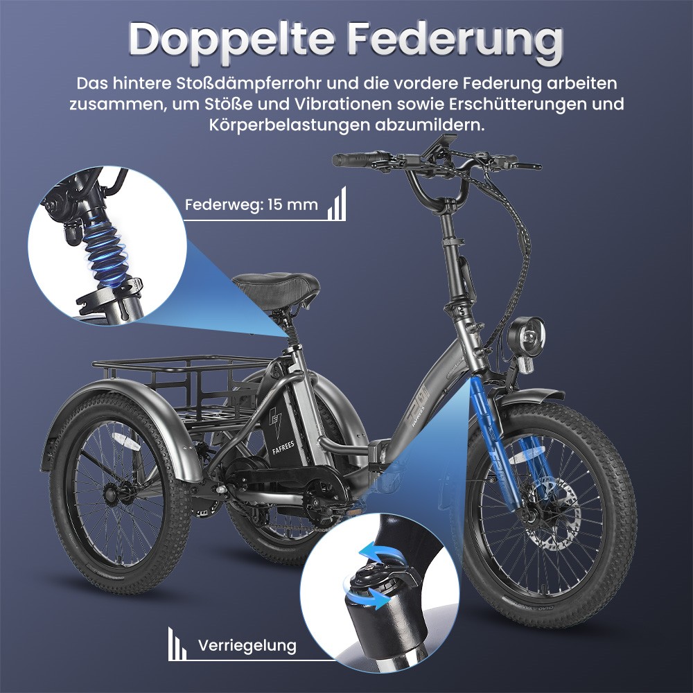 FAFREES F20 Mate Elektrisches Dreirad, bürstenloser 500-W-Motor, 48-V/18,2-Ah-Akku, 20 x 3,0 Zoll große dicke Reifen, Höchstgeschwindigkeit 25 km/h, maximale Reichweite 110 km, hydraulische Scheibenbremsen – Grau