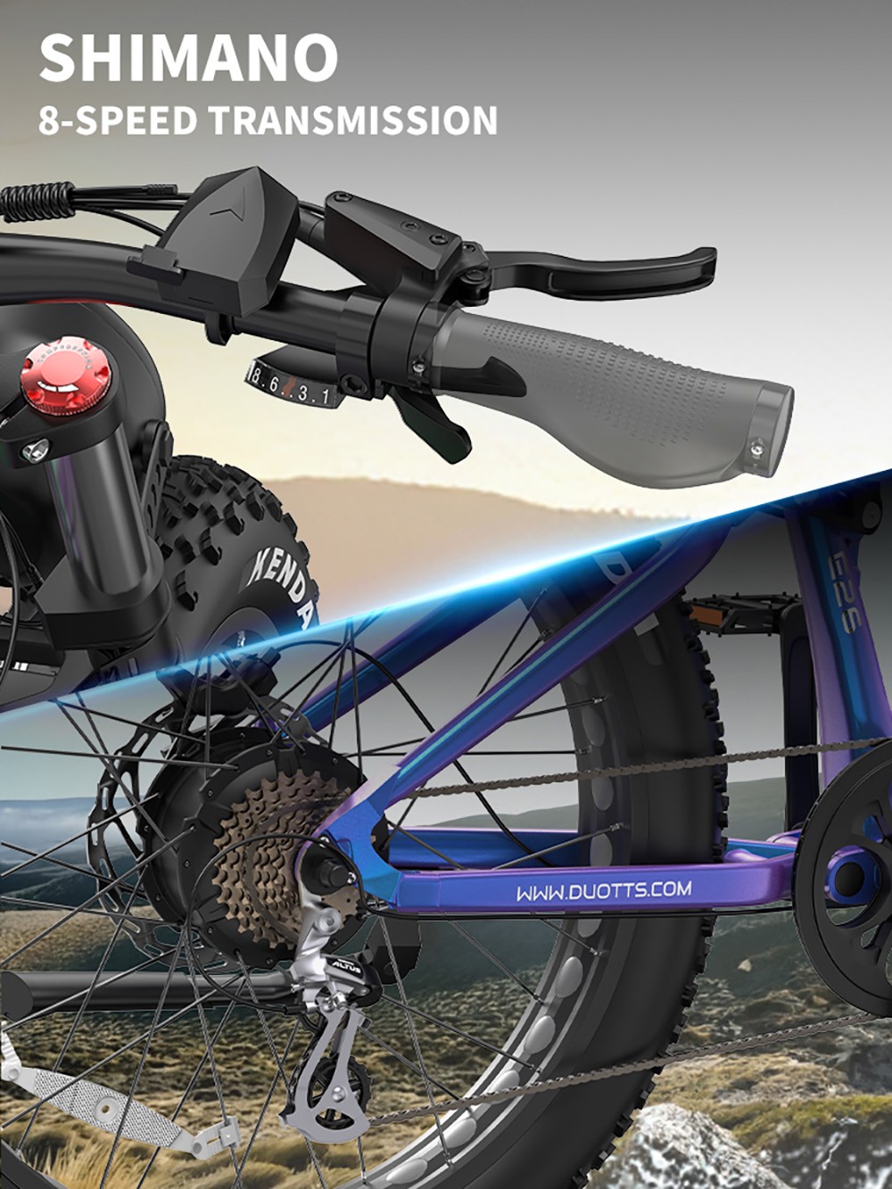DUOTTS E26 Electric Bike, Bafang 750W Motor Torgue Sensor SAMSUNG 48V 20Ah Battery, 26*4.0 inch Tires, 55km/h Max Speed, 120km Max Range, TEKTRO Hydraulic Disc Brakes, Front and Rear Suspension, Shimano 8-speed - Blue Purple