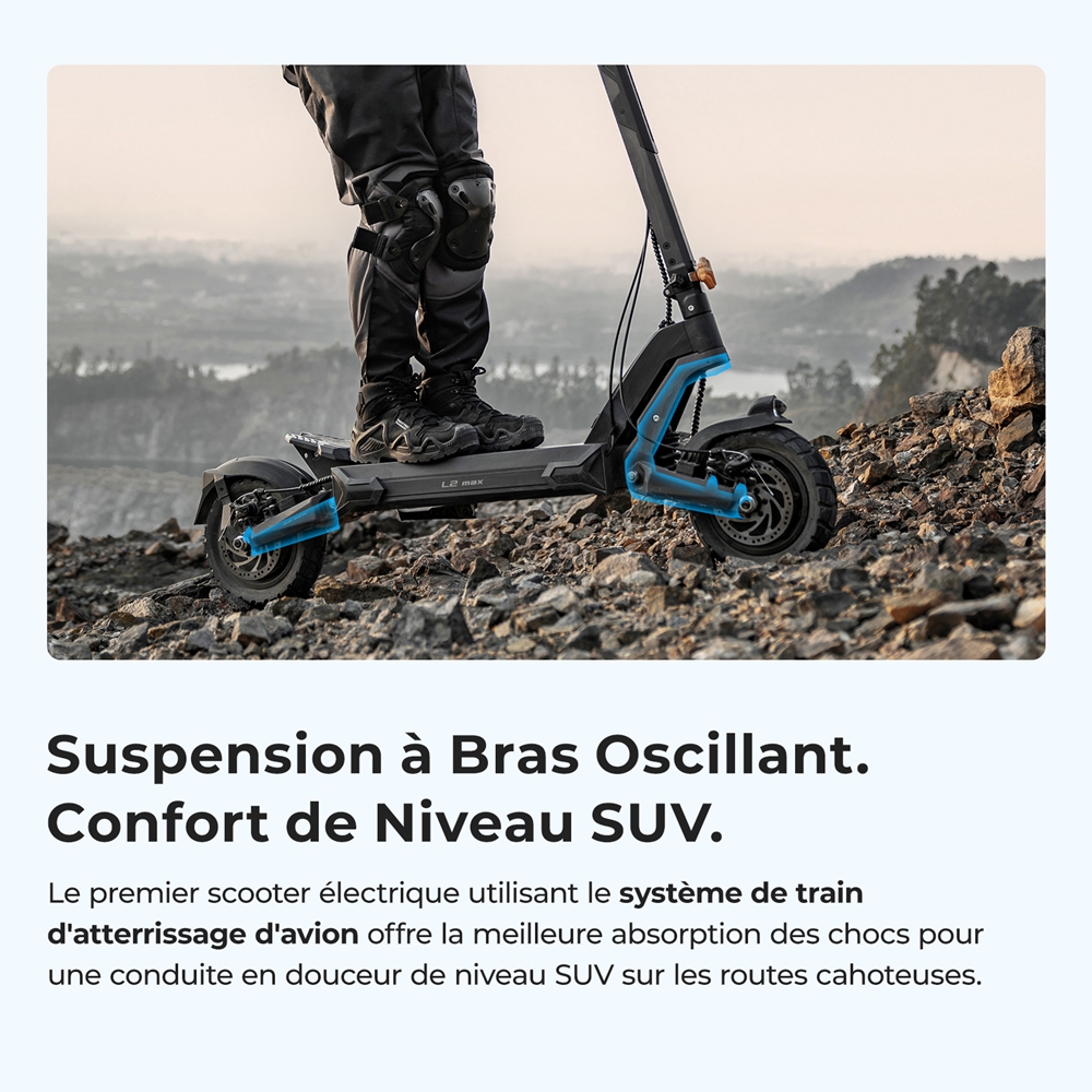 Ausom L2 Max Trottinette électrique, moteur 2 x 1 000 W, batterie 48 V 20,8 Ah, pneus 3 x 10 pouces, vitesse maximale 65 km/h, autonomie 90 km, freins à disque avant et arrière, suspension à bras oscillant, support AirTag dissimulé