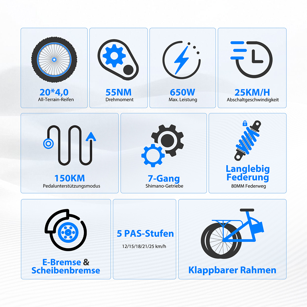 Touroll S2 Elektrofahrrad, 650 W Max. Leistung, 48 V 15 Ah Akku, 20 x 4,0 Zoll Reifen, 25 km/h Max. Geschwindigkeit, 150 km Max. Reichweite, Mechanische Scheibenbremse & E-Bremse, Mechanischer Stoßdämpfer, Shimano 7-Gang