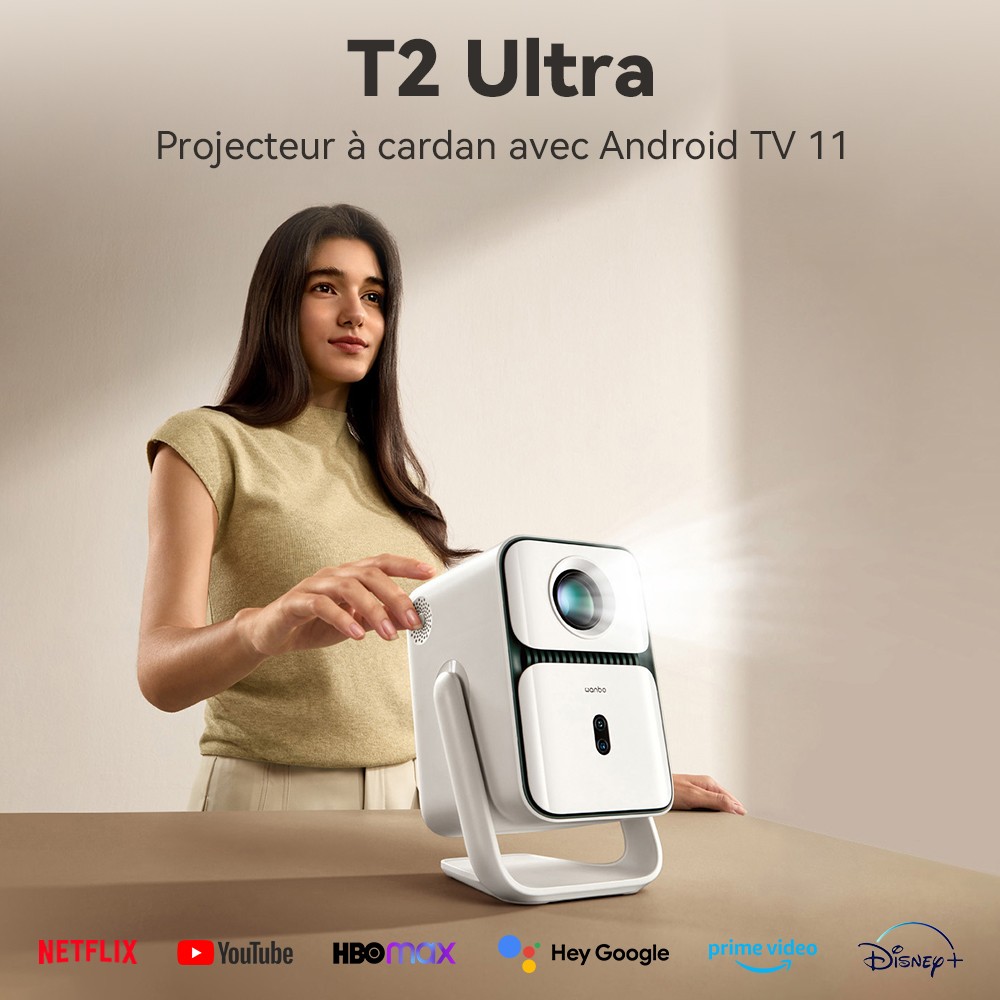 Projecteur Wanbo T2 Ultra, Android TV 11, 500 ANSI, 1080P natif, support rotatif à 120°, mise au point automatique et correction trapézoïdale, WiFi double bande, haut-parleur 2*5W
