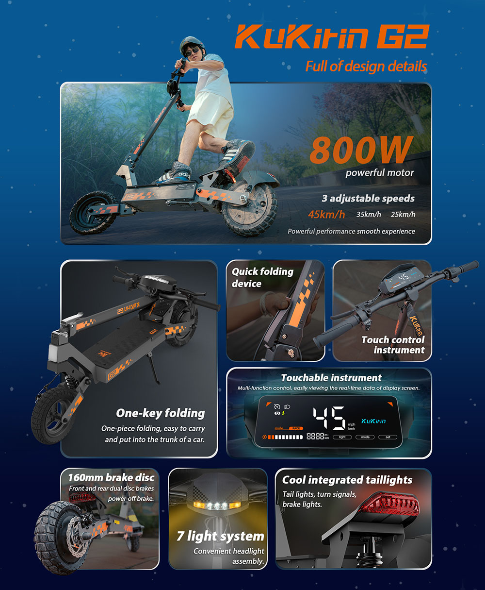 Kukirin G2 Foldable Electric Scooter 2025 Upgrade 800W Motor 48V 15.6Ah Battery 10-inch Tire 45km/h Max Speed 55km Range Touchscreen Display Disc Brake 7 Light System - Black