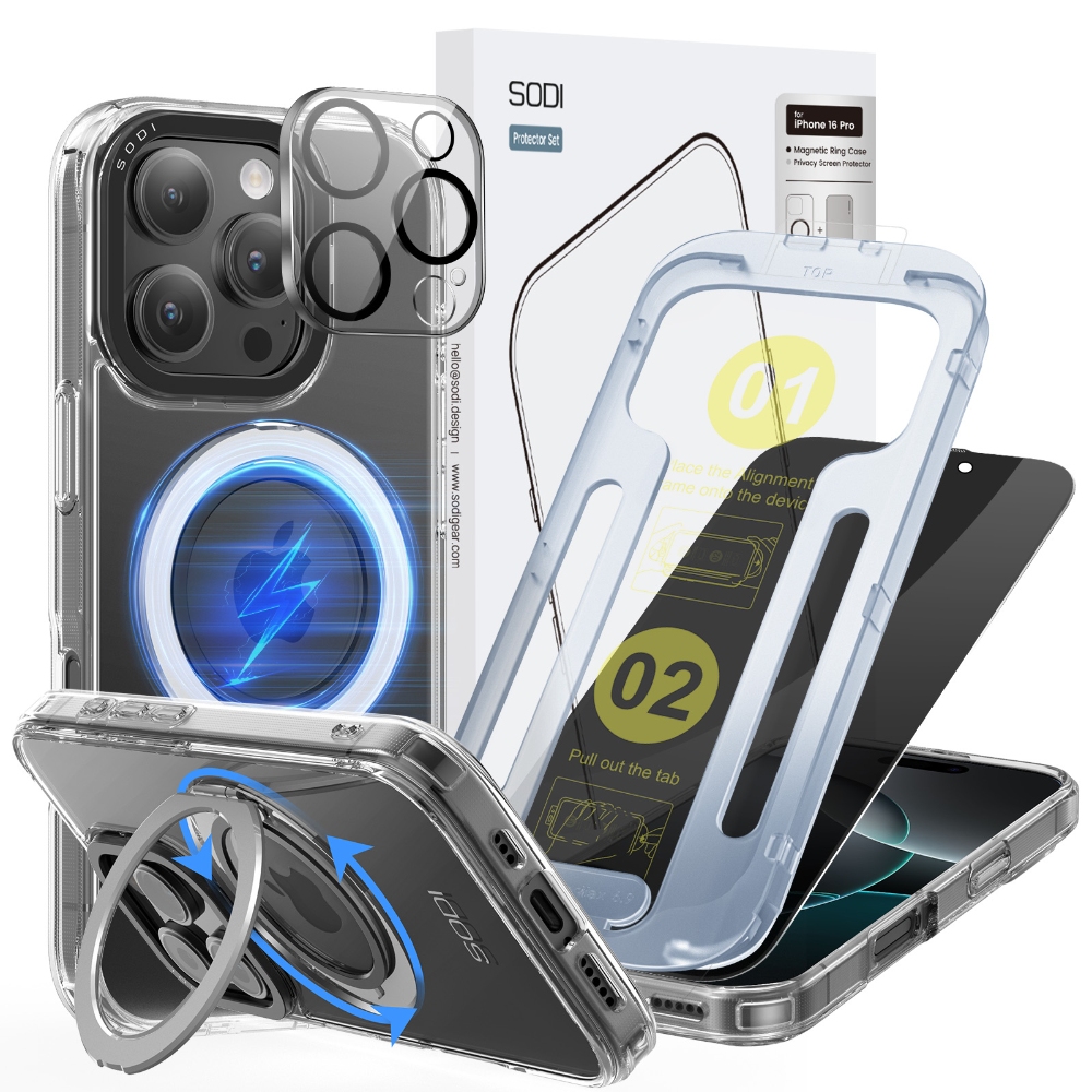 SODI CS03 Phone Ring Stand Case Privacy Screen Protector Set for iPhone16 Pro