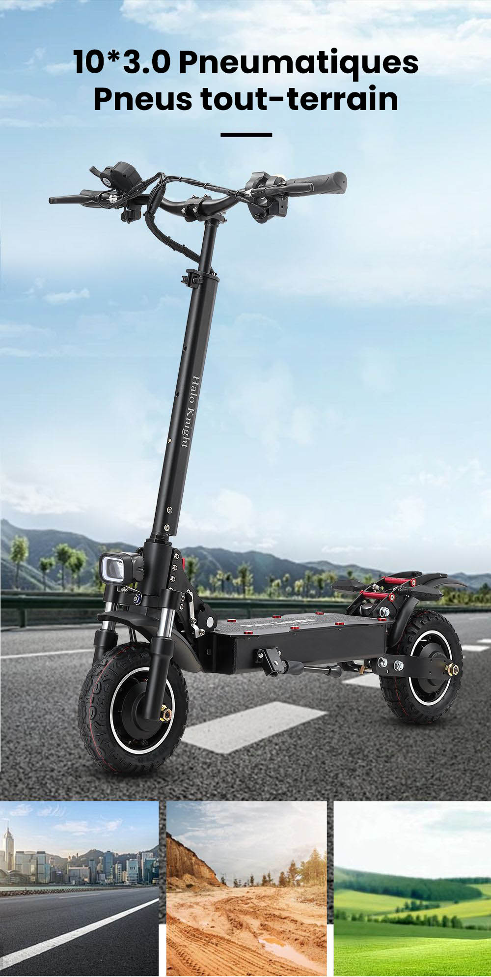 Halo Knight T104 Trottinette électrique, Pneus tout-terrain 10 pouces, Moteur 1000W*2, Vitesse maximale 65km/h, Télécommande, Batterie 52V 21Ah, Autonomie 45km - Noir