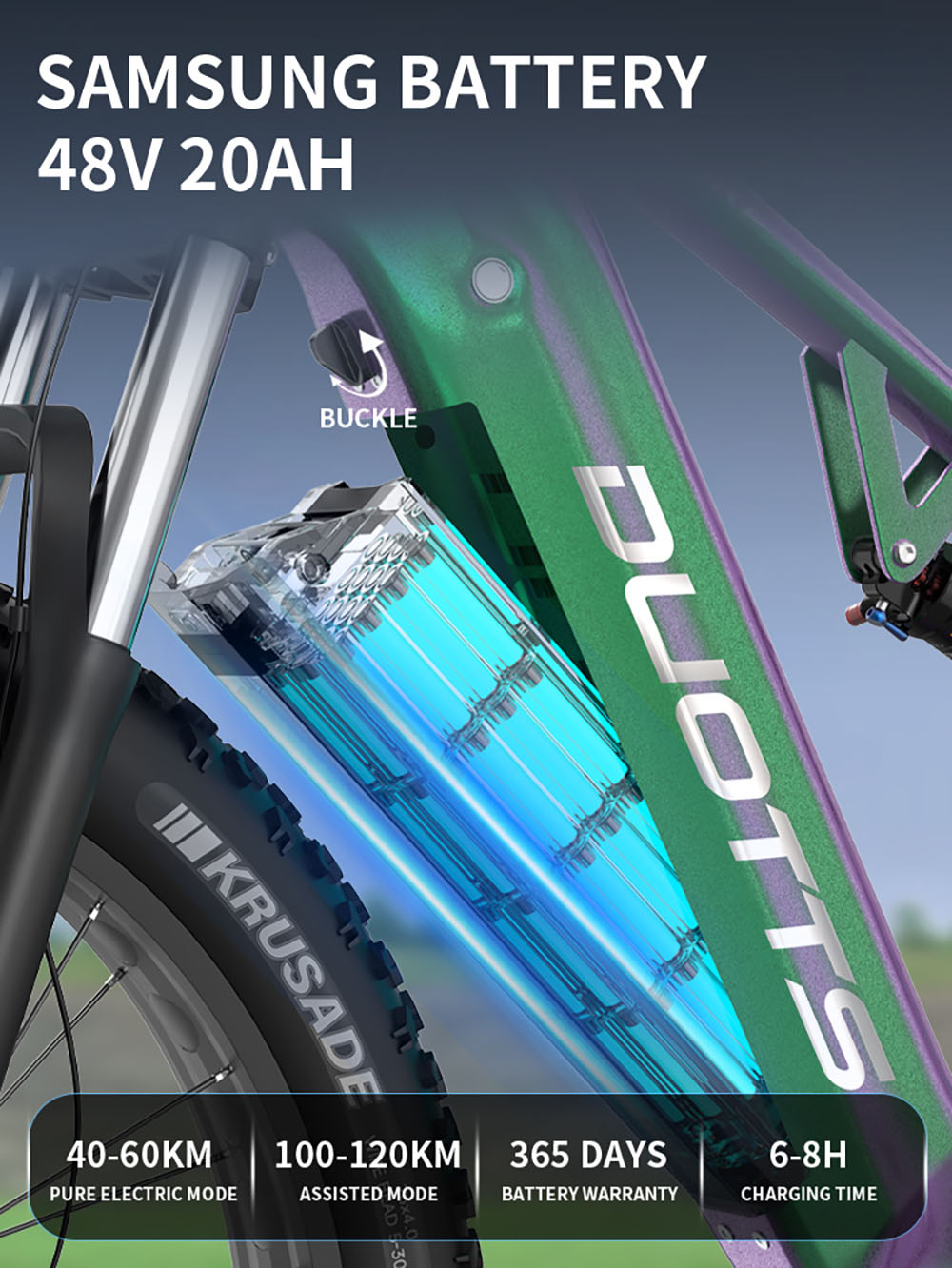 DUOTTS E26 Elektrofahrrad, 750 W Motor, 48 V 20 Ah Akku, 26 x 4,0 Zoll Reifen, 55 km/h Höchstgeschwindigkeit, 120 km Maximale Reichweite, Hydraulische Scheibenbremsen, Vorder- und Hinterradfederung, Shimano 8-Gang - Grün Lila