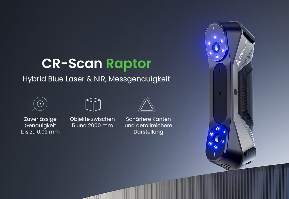 Creality Raptor 3D-Scanner, Hybrid Blue Laser NIR, 60fps Scangeschwindigkeit, Objekte zwischen 5–2000 mm, 24-Bit-Vollfarbscan, 0,02 mm Genauigkeit, Anti-Verwacklung