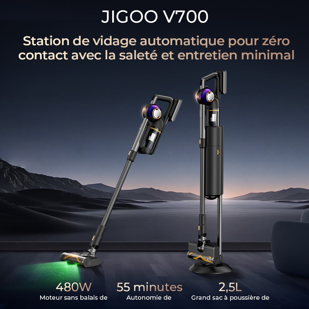 JIGOO V700 Aspirateur sans fil avec station d'aspiration de 2,5 L, vidage automatique de la poussière, puissance d'aspiration de 33 KPa, brosse anti-enchevêtrement, double éclairage LED, jusqu'à 55 minutes d'autonomie, idéal pour sols durs, tapis, an