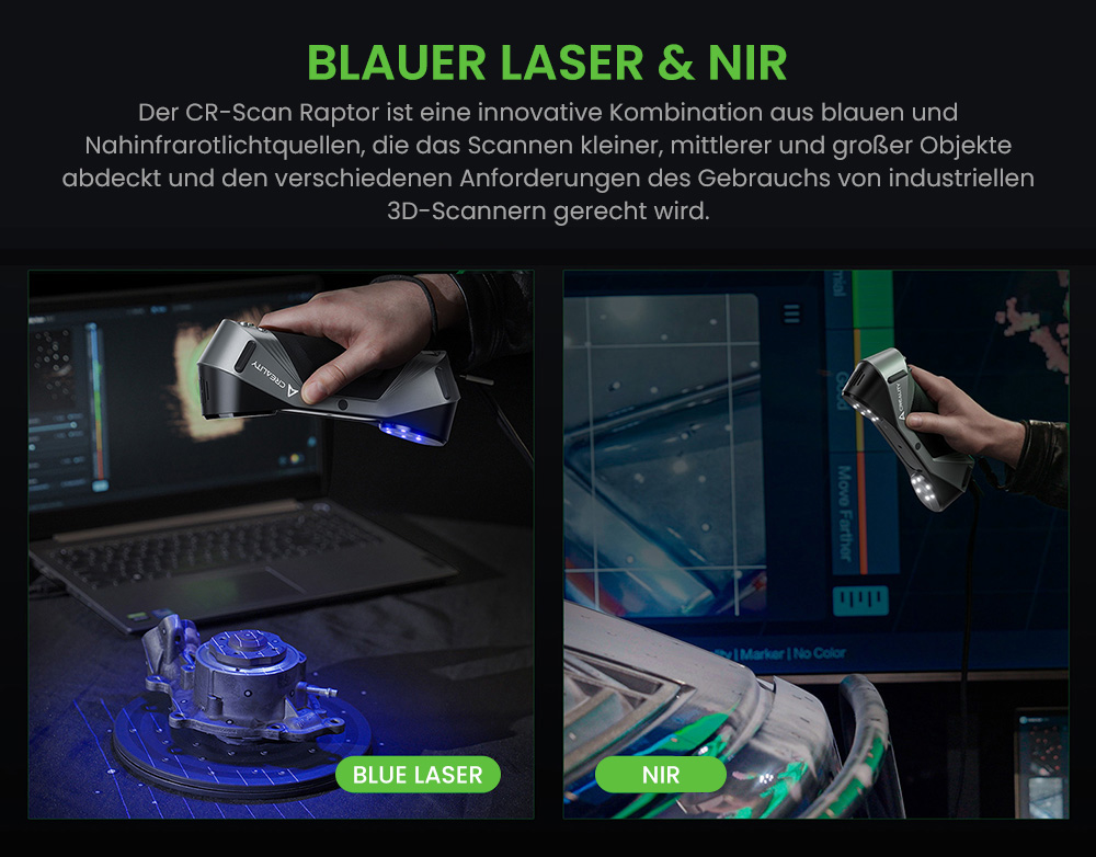 Creality Raptor 3D-Scanner, Hybrid Blue Laser NIR, 60fps Scangeschwindigkeit, Objekte zwischen 5-2000mm, 24-Bit Vollfarbscan, 0,02mm Genauigkeit, Anti-Verwacklung