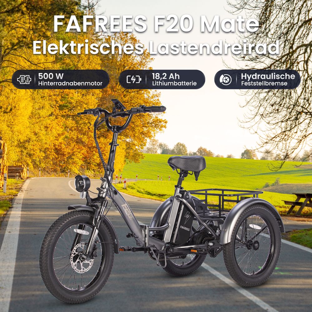FAFREES F20 Mate Elektrisches Dreirad, bürstenloser 500-W-Motor, 48-V/18,2-Ah-Akku, 20 x 3,0 Zoll große dicke Reifen, Höchstgeschwindigkeit 25 km/h, maximale Reichweite 110 km, hydraulische Scheibenbremsen – Grau