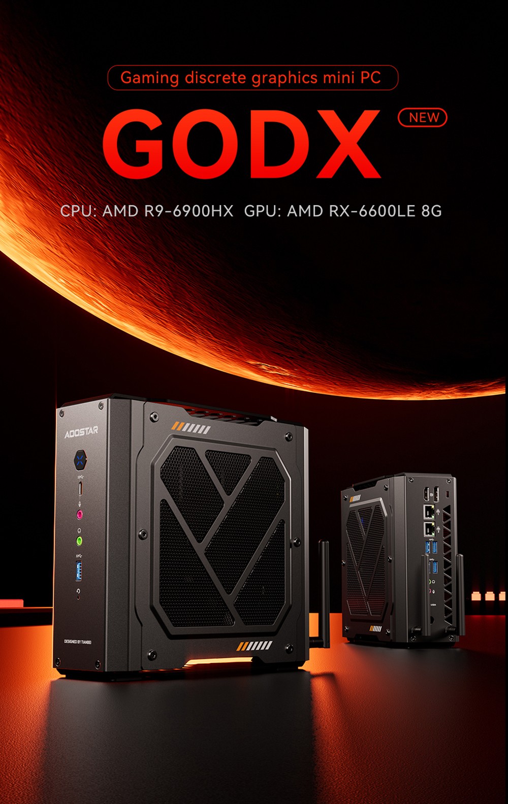 AOOSTAR GODX Gaming Mini PC with Discrete GPU, AMD Ryzen 9 6900HX CPU 8 Core 4.9GHz, AMD Radeon RX 6600LE GPU 8GB 128bit, 64GB RAM 2TB SSD, WiFi6, 2*2.5G LAN, 5*USB3.2, 1*USB4, 1*Type-C, 1*DP, 1*HDMI, 2*Headphone Jack, 2*Microphone Port - EU Plug