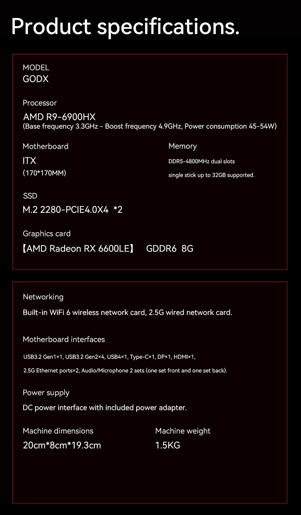 AOOSTAR GODX Gaming Mini PC with Discrete GPU, AMD Ryzen 9 6900HX CPU 8 Core 4.9GHz, AMD Radeon RX 6600LE GPU 8GB 128bit, 64GB RAM 2TB SSD, WiFi6, 2*2.5G LAN, 5*USB3.2, 1*USB4, 1*Type-C, 1*DP, 1*HDMI, 2*Headphone Jack, 2*Microphone Port - EU Plug