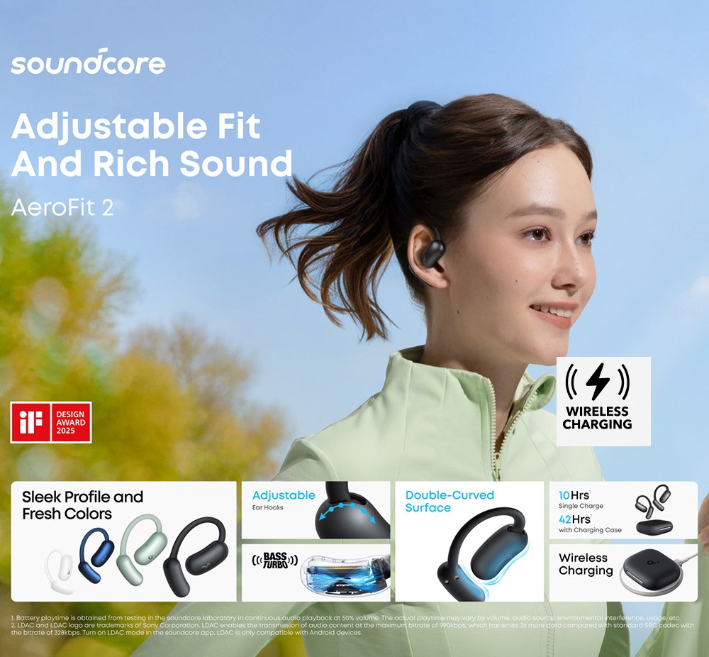 Anker Soundcore AeroFit 2 Open-ear Wireless Earbuds, Adjustable Ear Hooks, Bluetooth 5.4, Hi-Res Wireless Audio - White