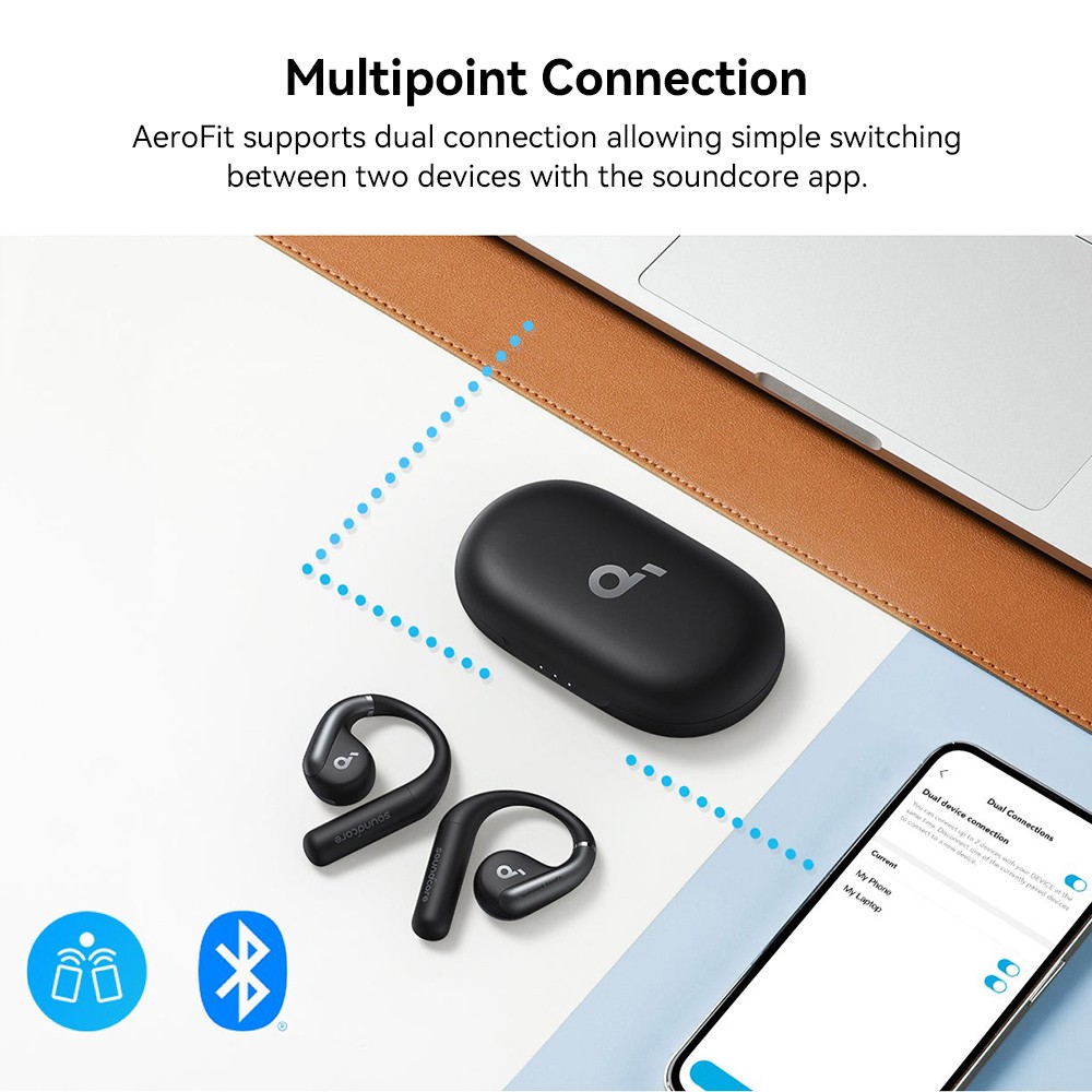 Anker Soundcore AeroFit Open-ear Earbuds, Ergonomic Ear Hook, IPX7 Waterproof, App Control, Up to 42 Hours Playtime - Black