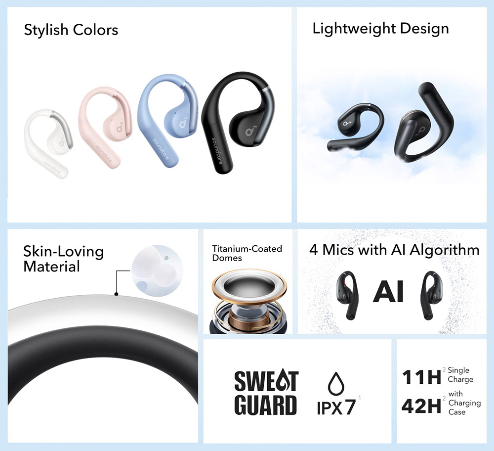 Anker Soundcore AeroFit Open-ear Earbuds, Ergonomic Ear Hook, IPX7 Waterproof, App Control, Up to 42 Hours Playtime - Pink