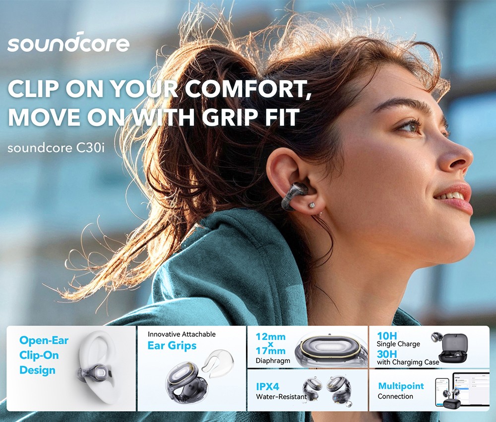 Anker Soundcore C30i Open-ear Clip-on Earbuds, Bluetooth 5.3, IPX4 Water-Resistant, Up to 30 Hours Playtime - Black
