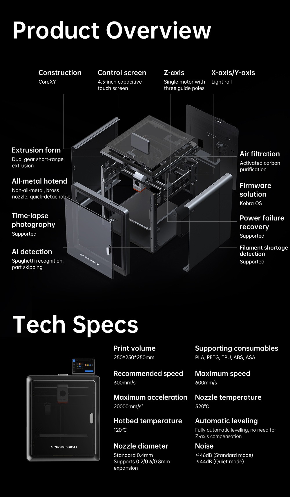 Anycubic Kobra S1 3D Drucker, geschlossene CoreXY-Konstruktion, 600 mm/s ultraschneller Druck, unterstützt Mehrfarbendruck mit ACE Pro, 320 °C Hotend, 44 dB ultraleise, 250*250*250 mm